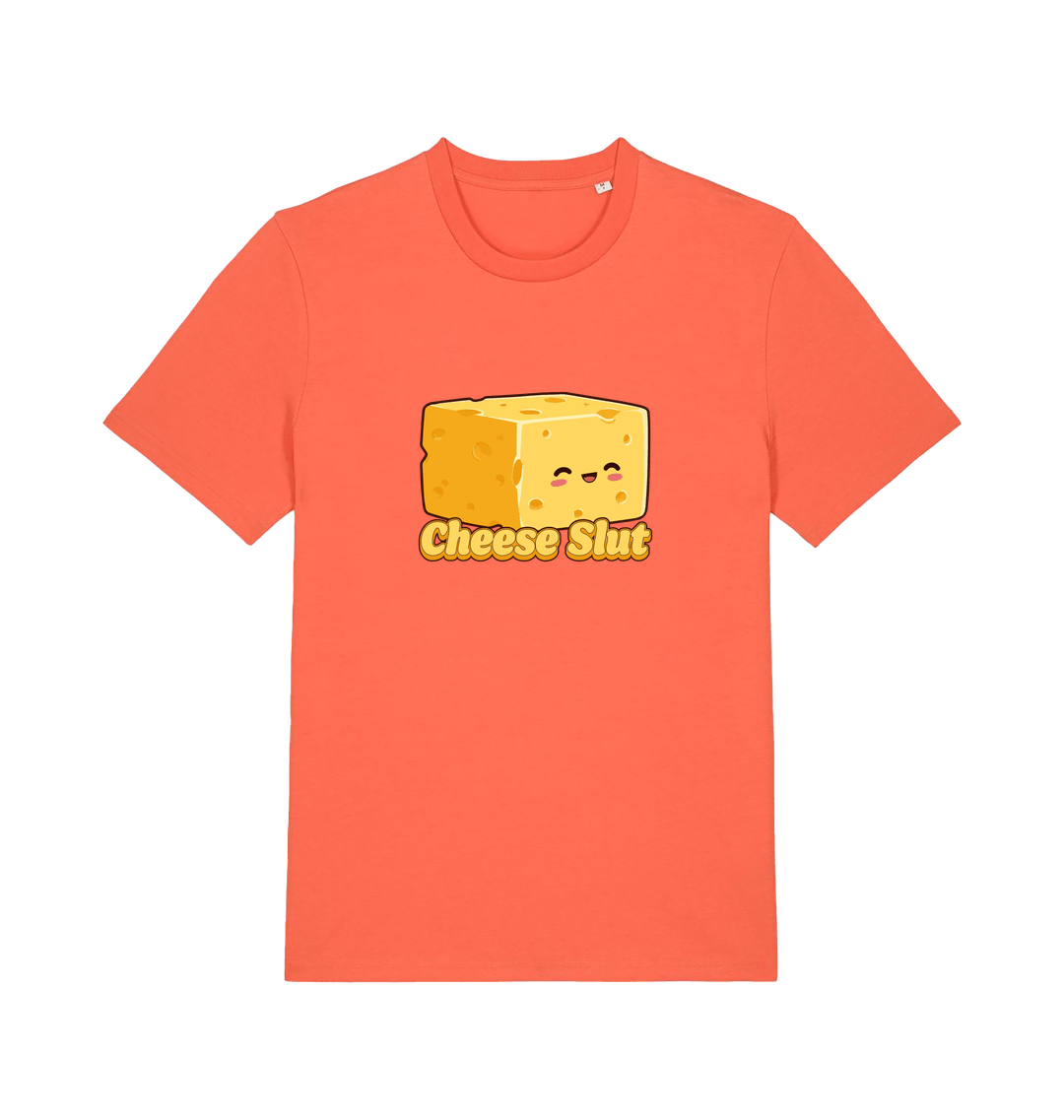 Orange graphic t-shirt with a cartoon cheese design and 'Cheese Slut' text 