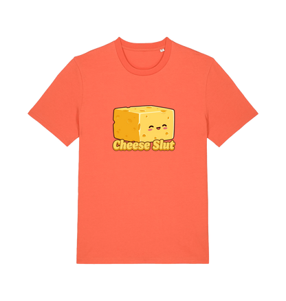 Orange graphic t-shirt with a cartoon cheese design and 'Cheese Slut' text 