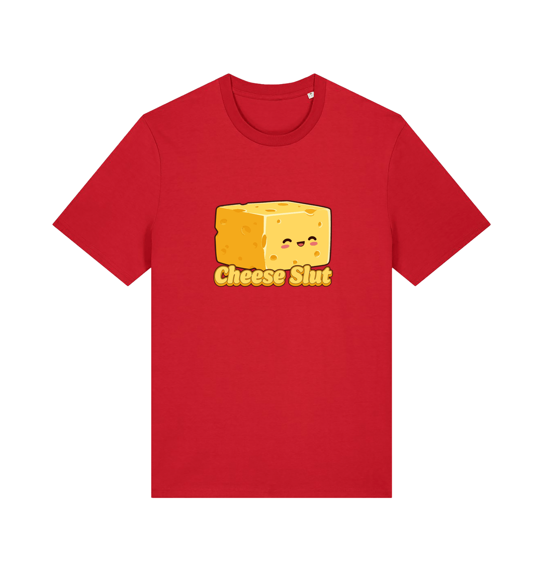 Red graphic t-shirt with a cartoon cheese design and 'Cheese Slut' text 
