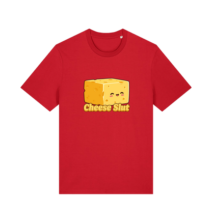 Red graphic t-shirt with a cartoon cheese design and 'Cheese Slut' text 