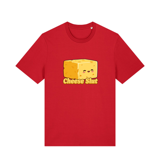 Red graphic t-shirt with a cartoon cheese design and 'Cheese Slut' text 