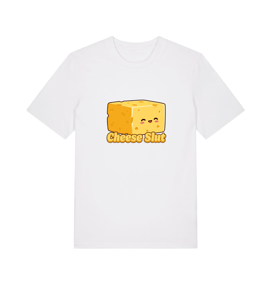 White graphic t-shirt with a cartoon cheese design and 'Cheese Slut' text 