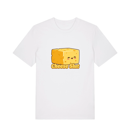White graphic t-shirt with a cartoon cheese design and 'Cheese Slut' text 