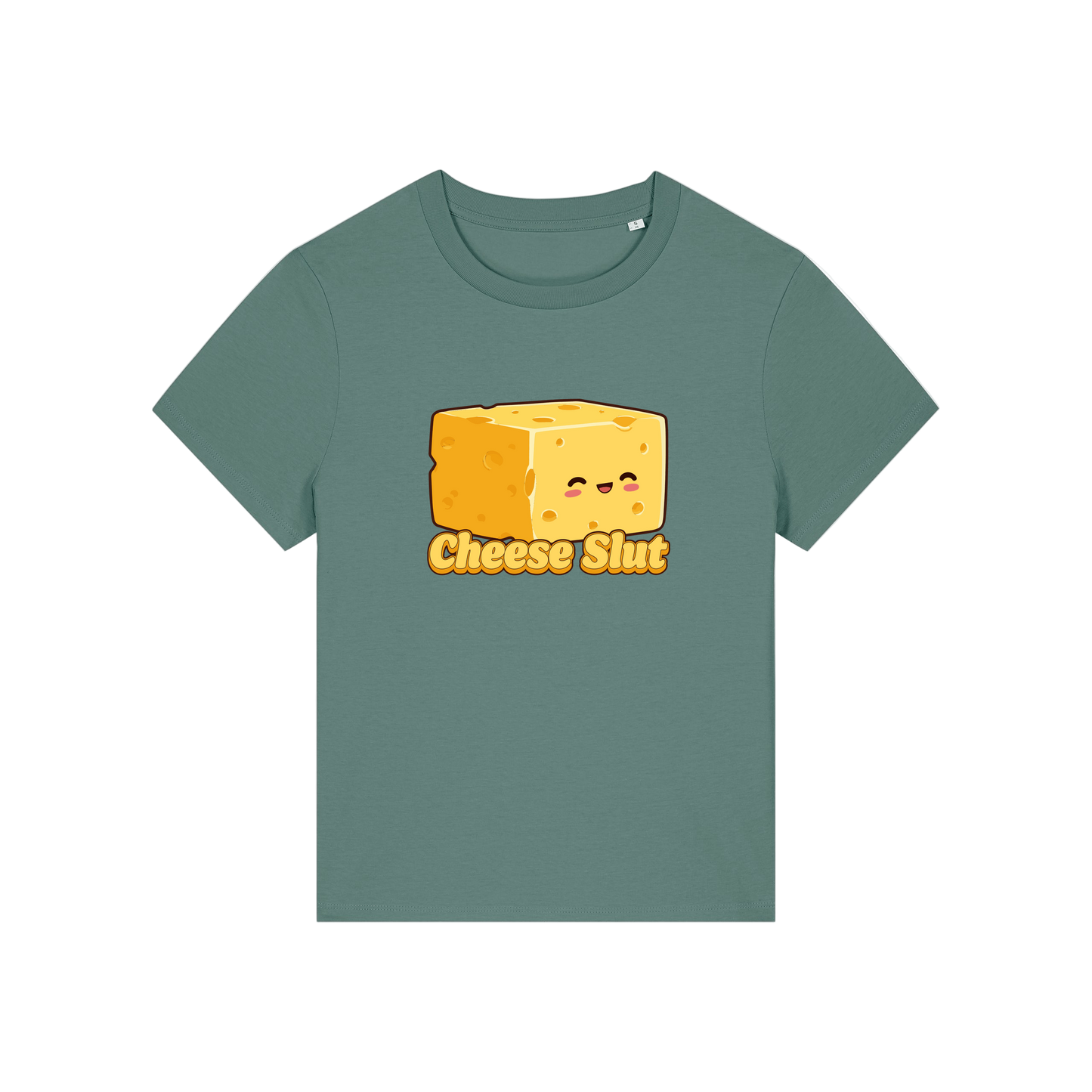 green funny offensive t-shirt with the graphic of a cartoon cheese and the slogan 'cheese slut'