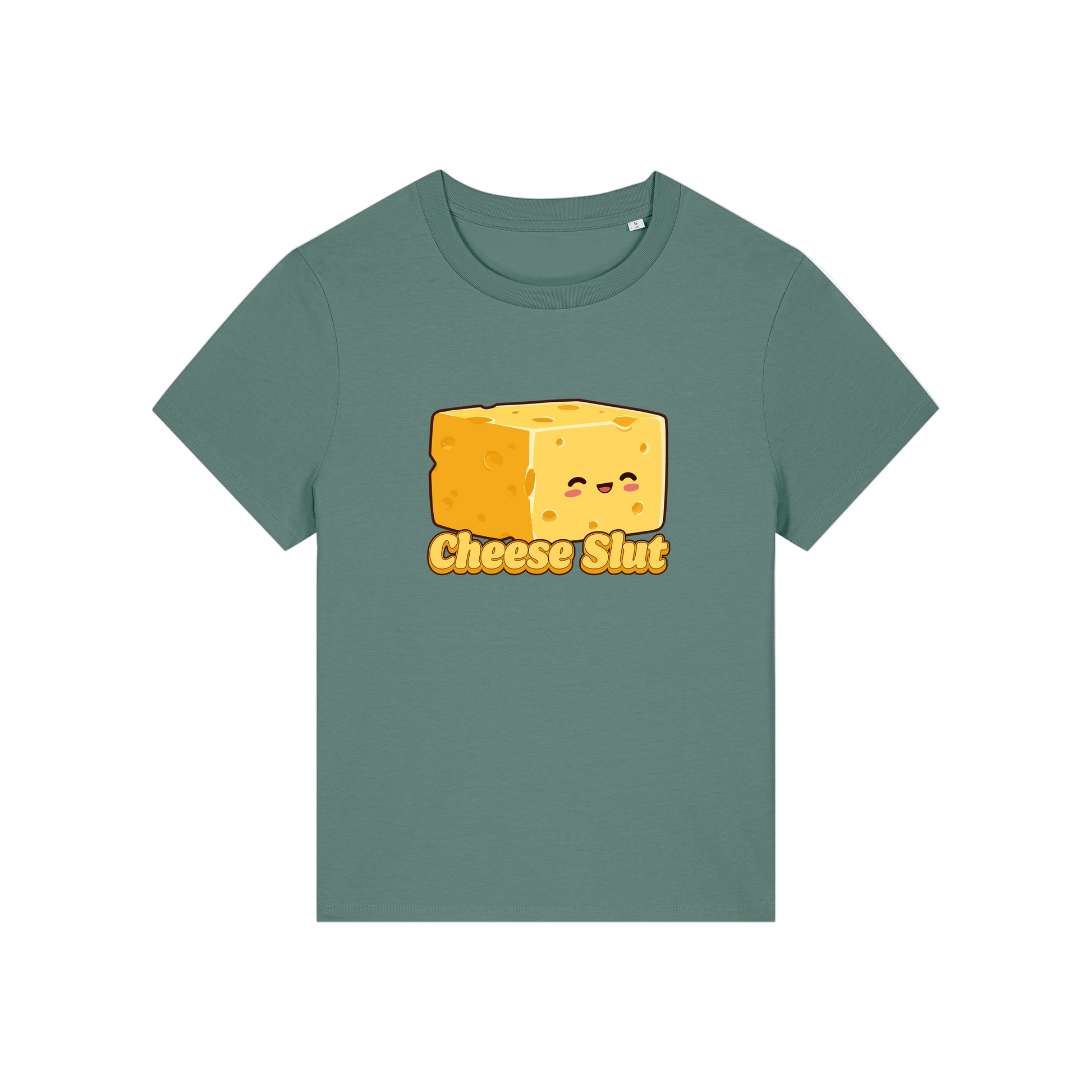 green funny offensive t-shirt with the graphic of a cartoon cheese and the slogan 'cheese slut'