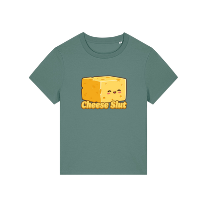 green funny offensive t-shirt with the graphic of a cartoon cheese and the slogan 'cheese slut'