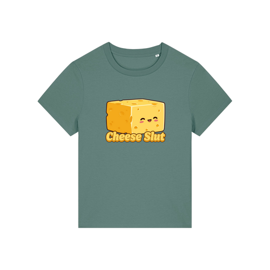 green funny offensive t-shirt with the graphic of a cartoon cheese and the slogan 'cheese slut'