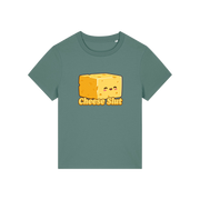 green funny offensive t-shirt with the graphic of a cartoon cheese and the slogan 'cheese slut'