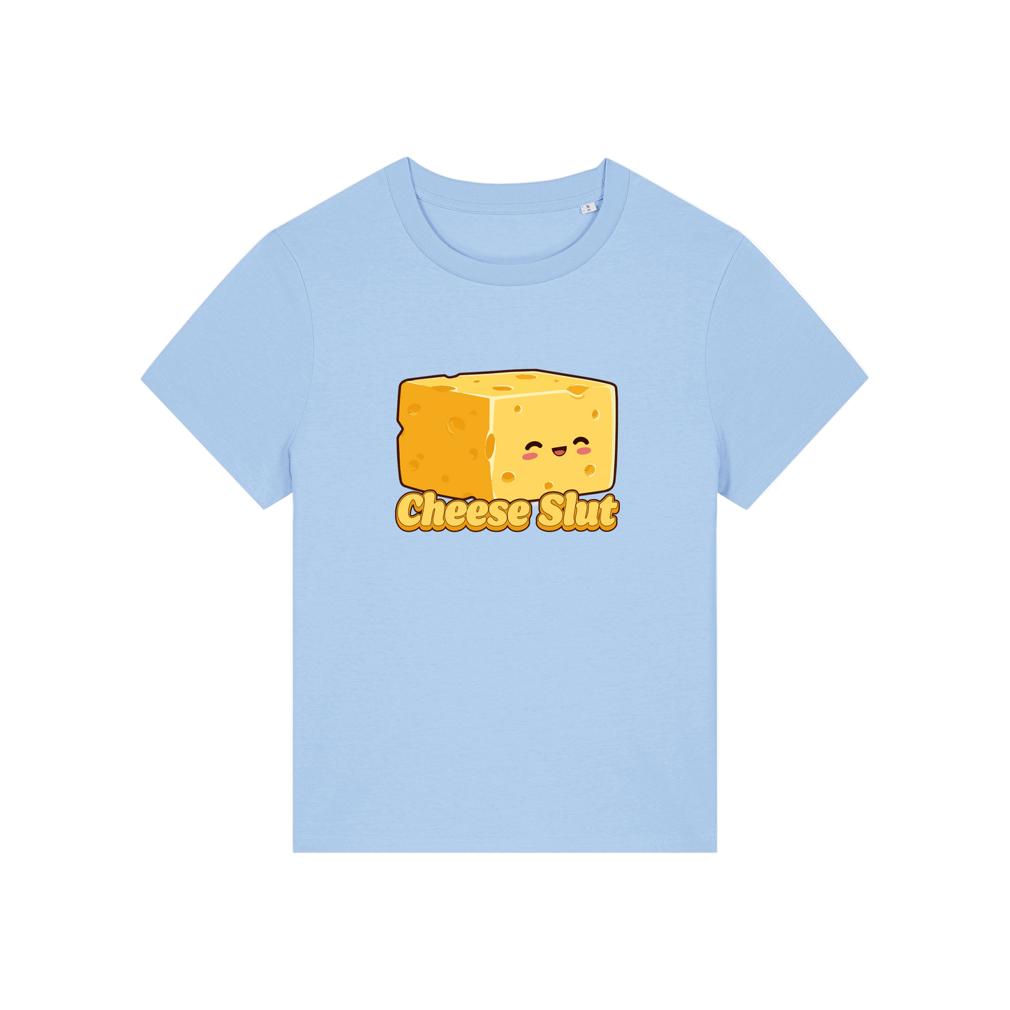 light blue funny offensive t-shirt with the graphic of a cartoon cheese and the slogan 'cheese slut'