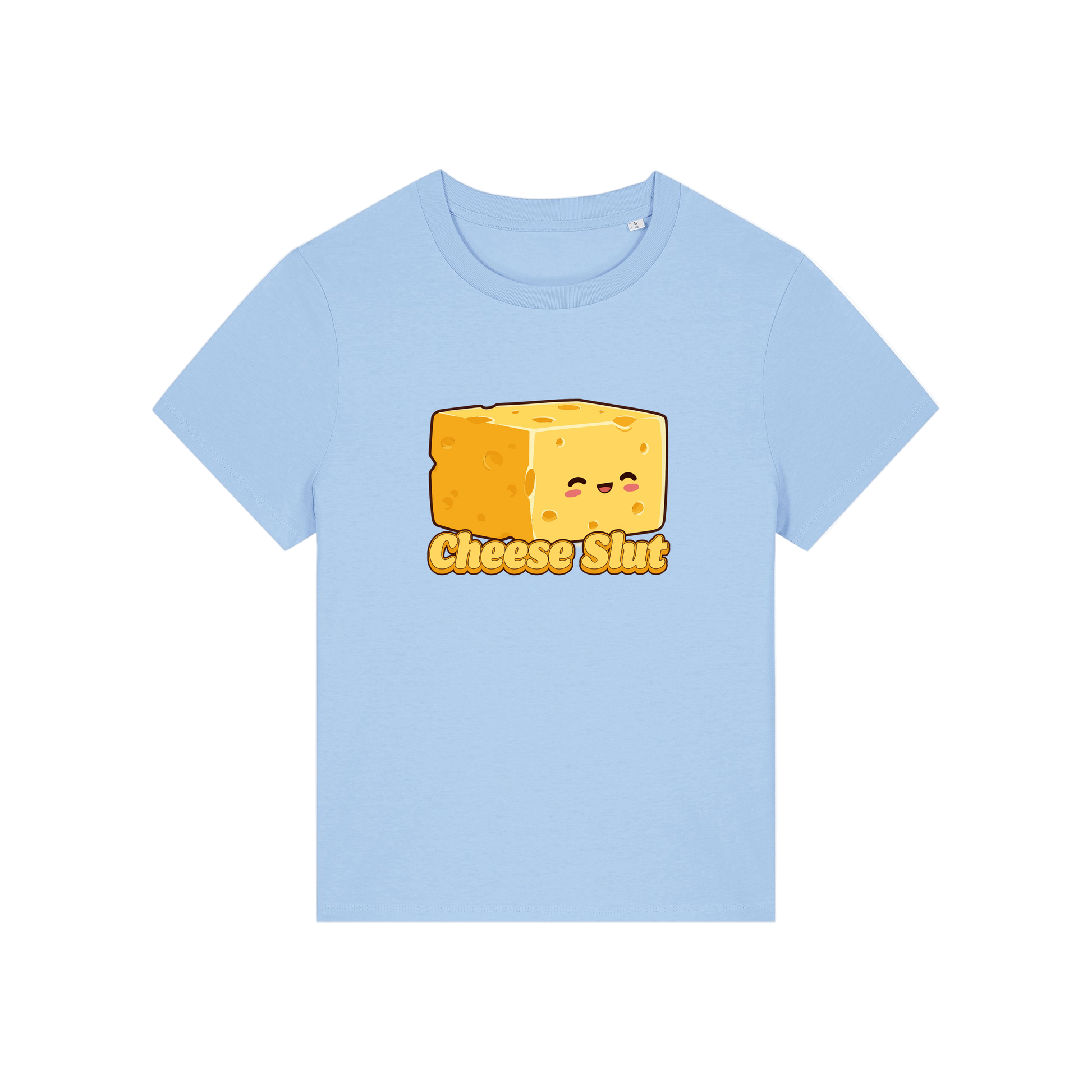 light blue funny offensive t-shirt with the graphic of a cartoon cheese and the slogan 'cheese slut'