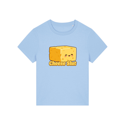 light blue funny offensive t-shirt with the graphic of a cartoon cheese and the slogan 'cheese slut'