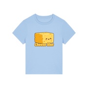 light blue funny offensive t-shirt with the graphic of a cartoon cheese and the slogan 'cheese slut'