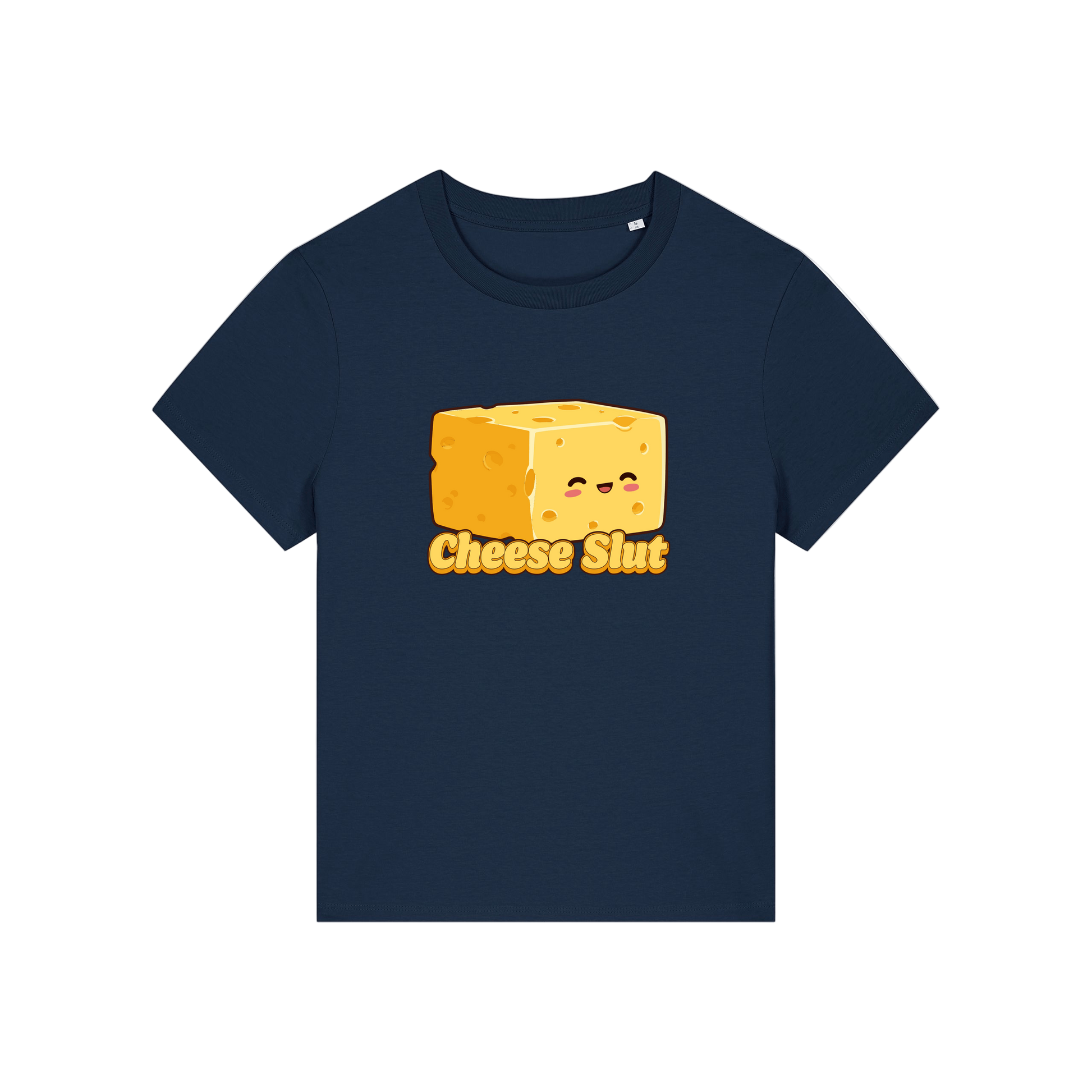 navy funny offensive t-shirt with the graphic of a cartoon cheese and the slogan 'cheese slut'