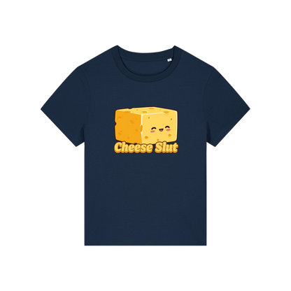 navy funny offensive t-shirt with the graphic of a cartoon cheese and the slogan 'cheese slut'