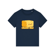 navy funny offensive t-shirt with the graphic of a cartoon cheese and the slogan 'cheese slut'