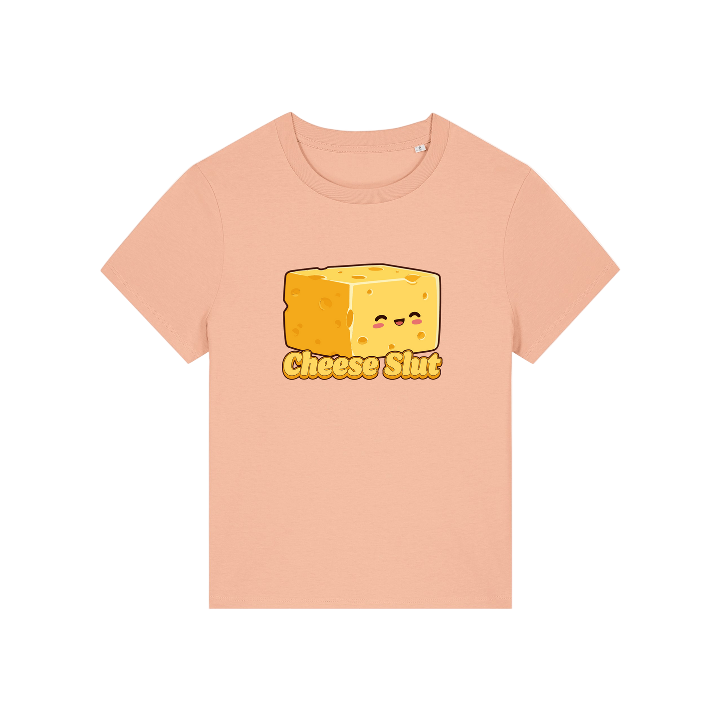 peach funny offensive t-shirt with the graphic of a cartoon cheese and the slogan 'cheese slut'