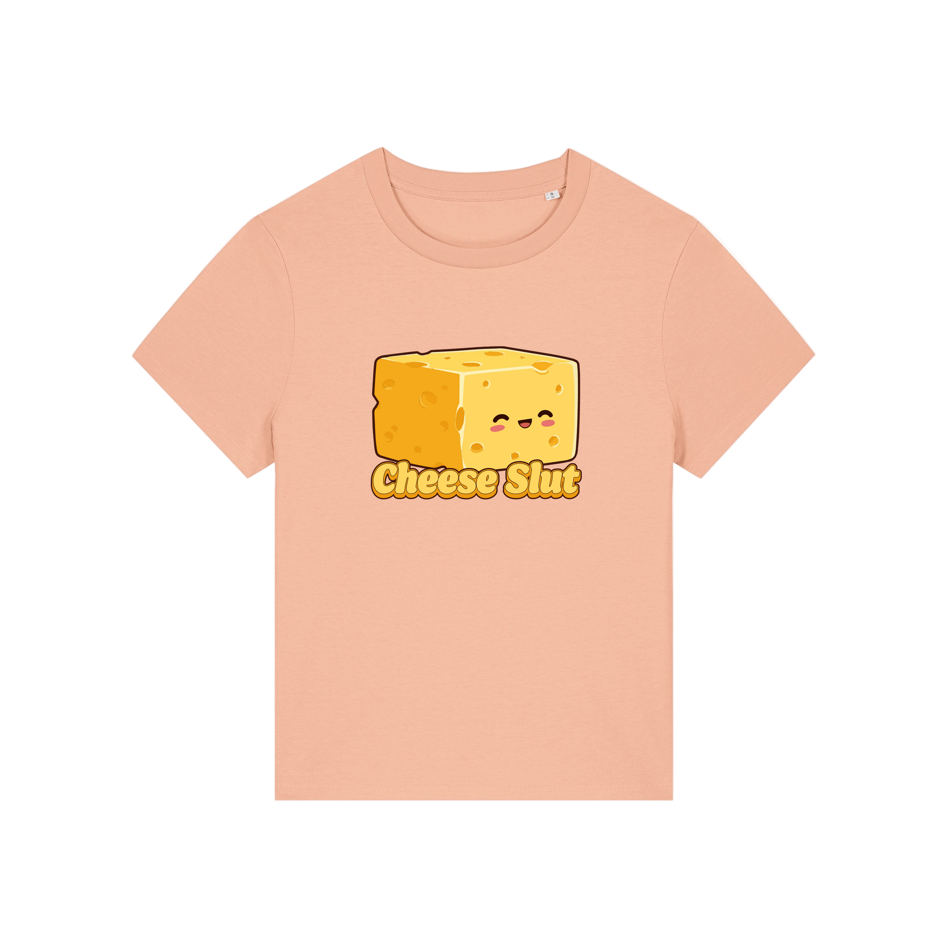 peach funny offensive t-shirt with the graphic of a cartoon cheese and the slogan 'cheese slut'
