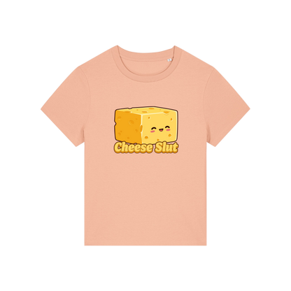 peach funny offensive t-shirt with the graphic of a cartoon cheese and the slogan 'cheese slut'