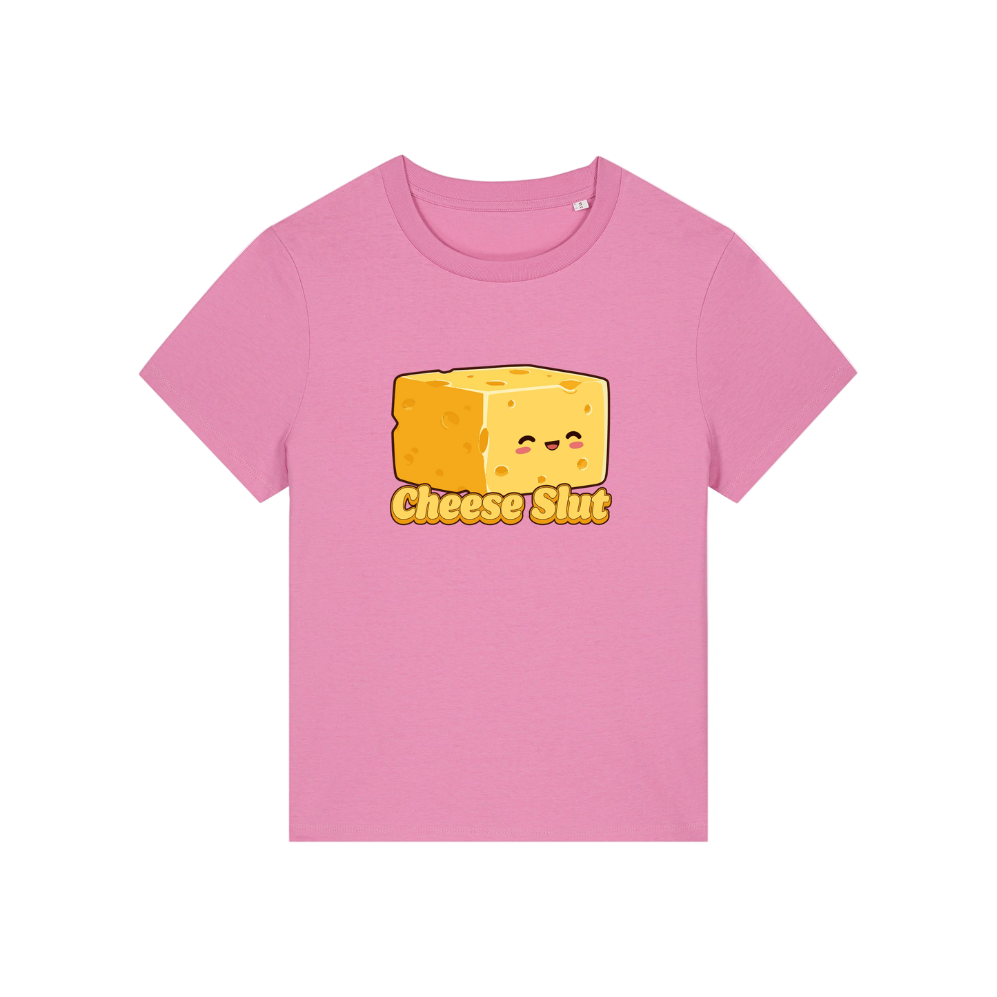 pink funny offensive t-shirt with the graphic of a cartoon cheese and the slogan 'cheese slut'