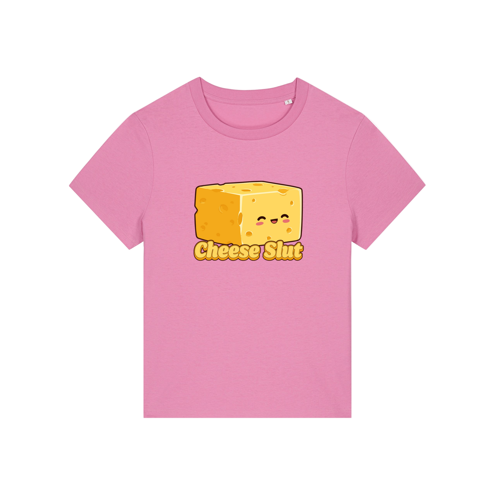 pink funny offensive t-shirt with the graphic of a cartoon cheese and the slogan 'cheese slut'
