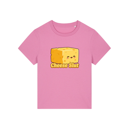 pink funny offensive t-shirt with the graphic of a cartoon cheese and the slogan 'cheese slut'