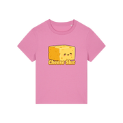 pink funny offensive t-shirt with the graphic of a cartoon cheese and the slogan 'cheese slut'