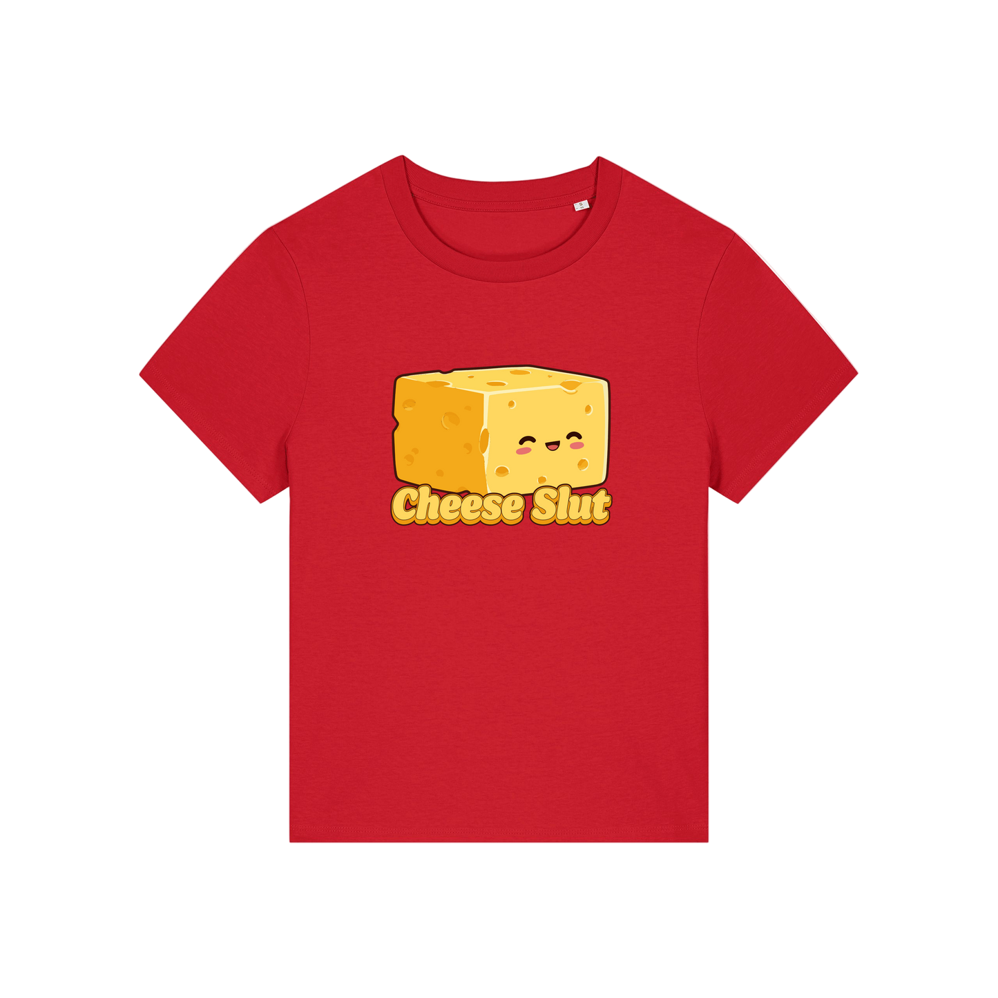 red funny offensive t-shirt with the graphic of a cartoon cheese and the slogan 'cheese slut'