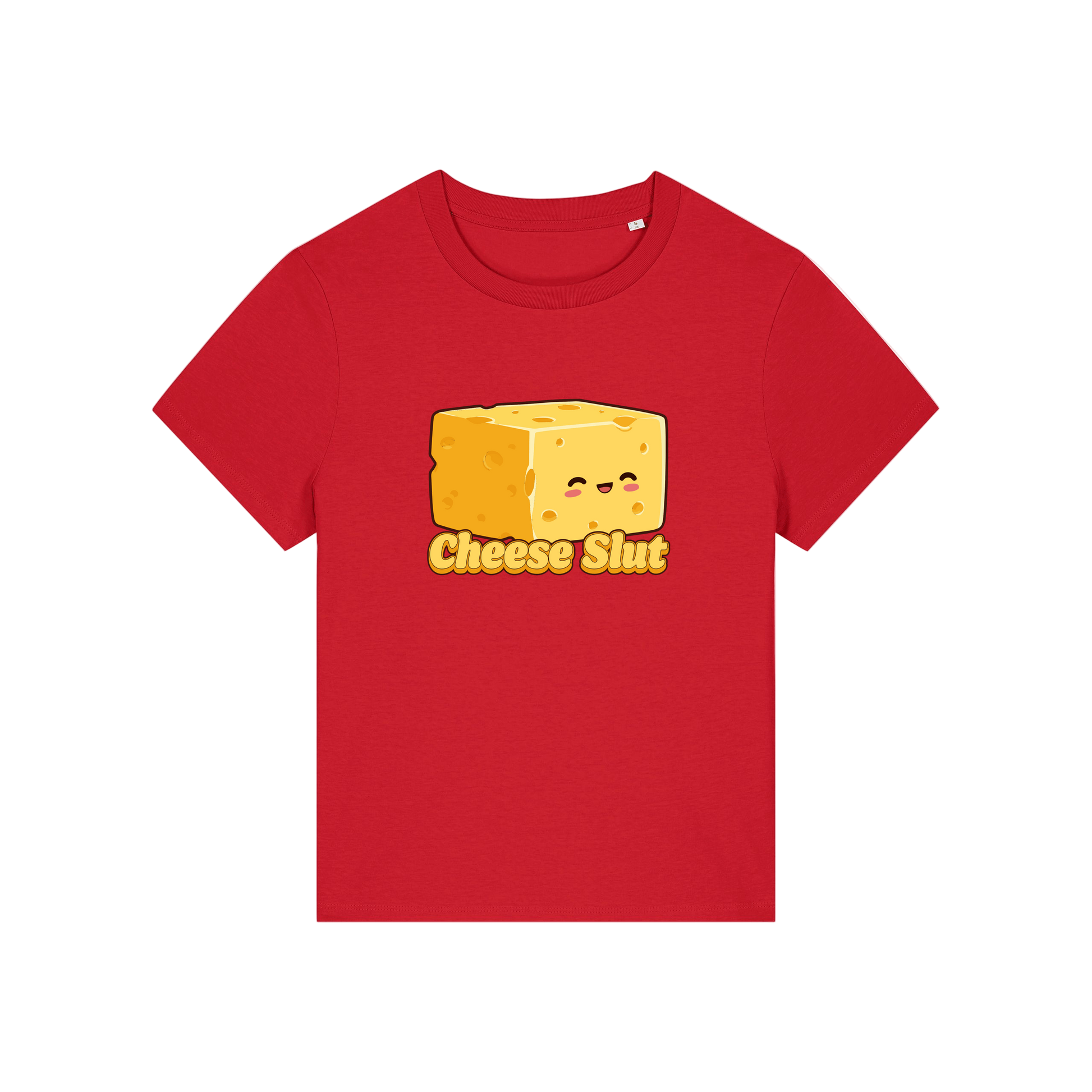 red funny offensive t-shirt with the graphic of a cartoon cheese and the slogan 'cheese slut'