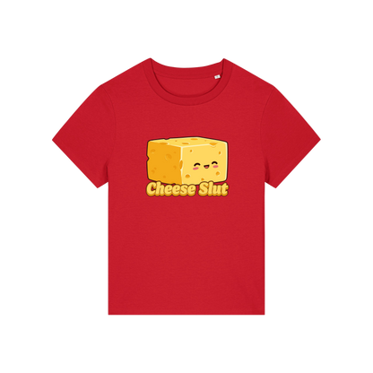 red funny offensive t-shirt with the graphic of a cartoon cheese and the slogan 'cheese slut'