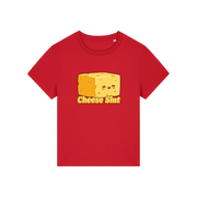 red funny offensive t-shirt with the graphic of a cartoon cheese and the slogan 'cheese slut'