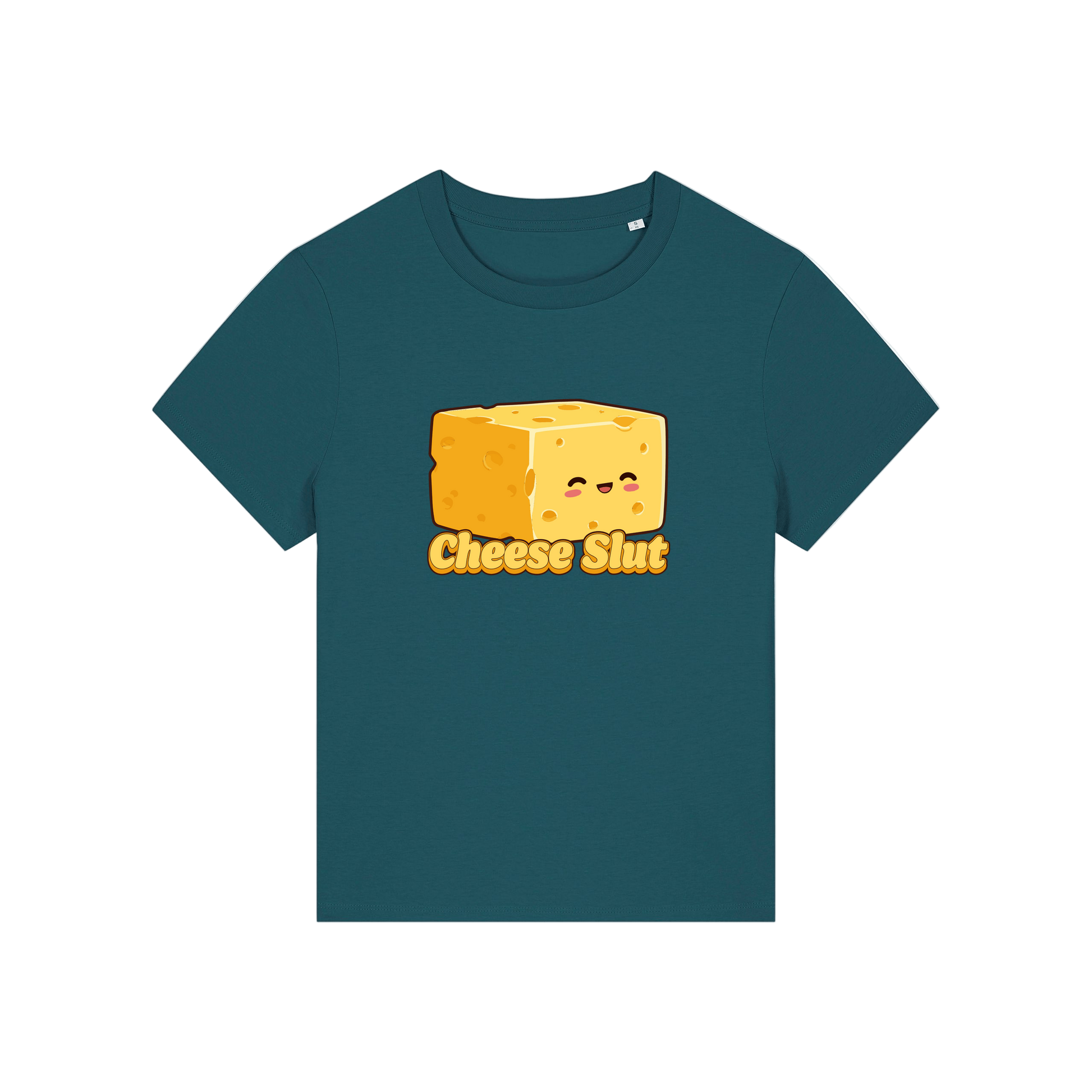 teal funny offensive t-shirt with the graphic of a cartoon cheese and the slogan 'cheese slut'
