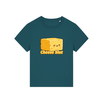 teal funny offensive t-shirt with the graphic of a cartoon cheese and the slogan 'cheese slut'