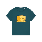 teal funny offensive t-shirt with the graphic of a cartoon cheese and the slogan 'cheese slut'