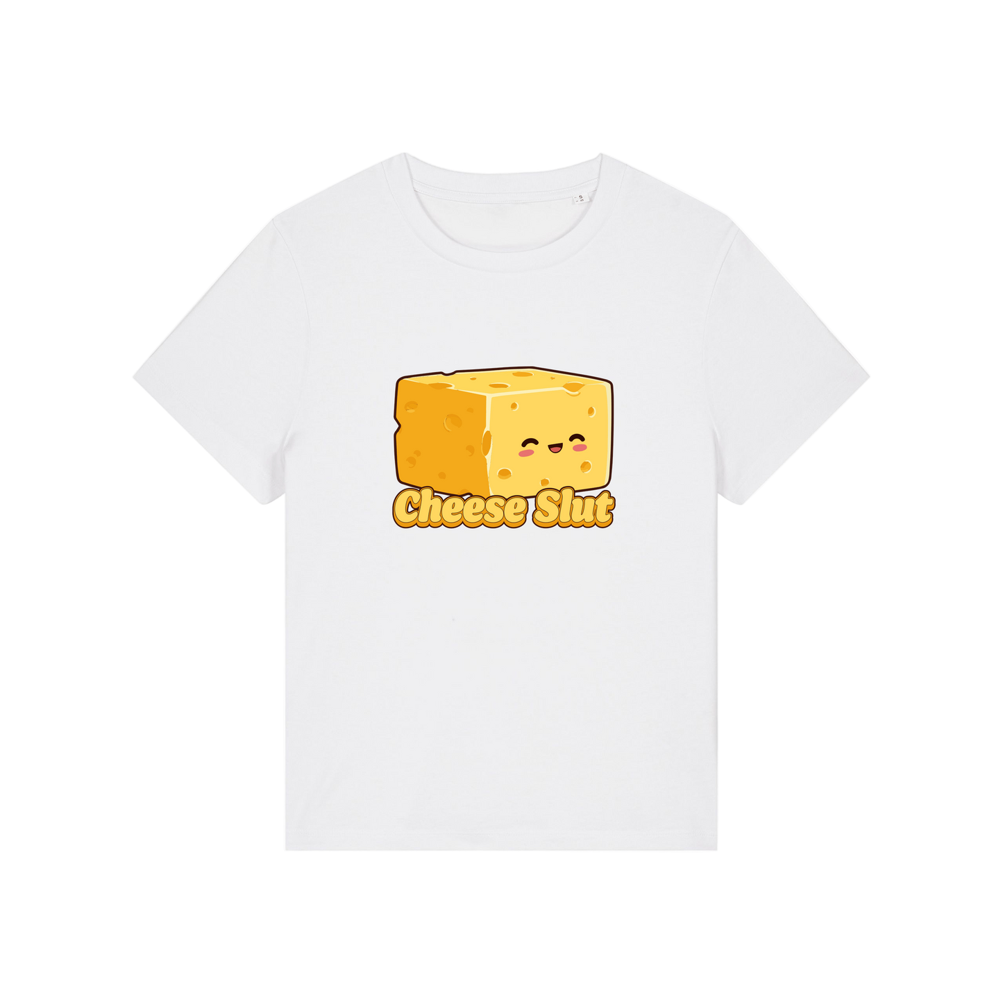 white funny offensive t-shirt with the graphic of a cartoon cheese and the slogan 'cheese slut'