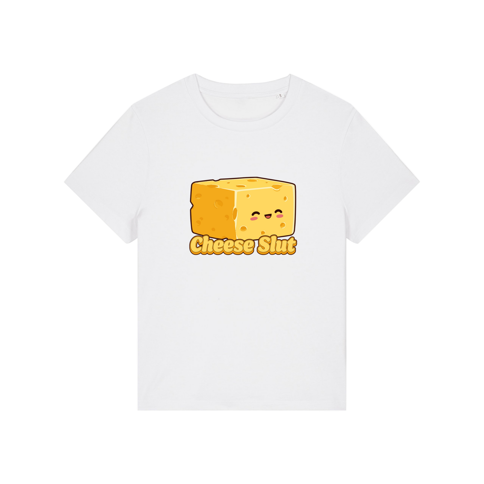 white funny offensive t-shirt with the graphic of a cartoon cheese and the slogan 'cheese slut'