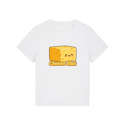 white funny offensive t-shirt with the graphic of a cartoon cheese and the slogan 'cheese slut'