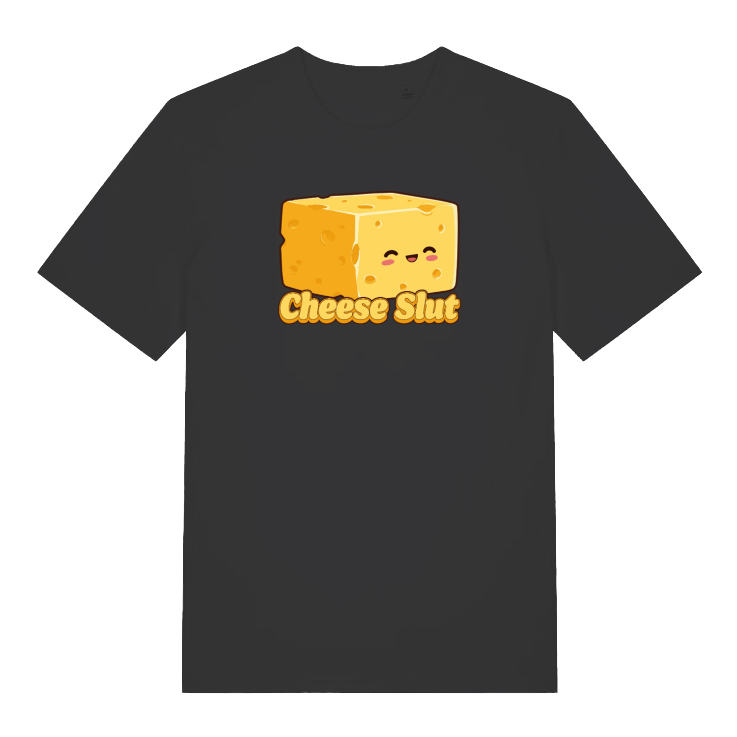 black funny offensive t-shirt with the graphic of a cheese and the slogan 'cheese slut'