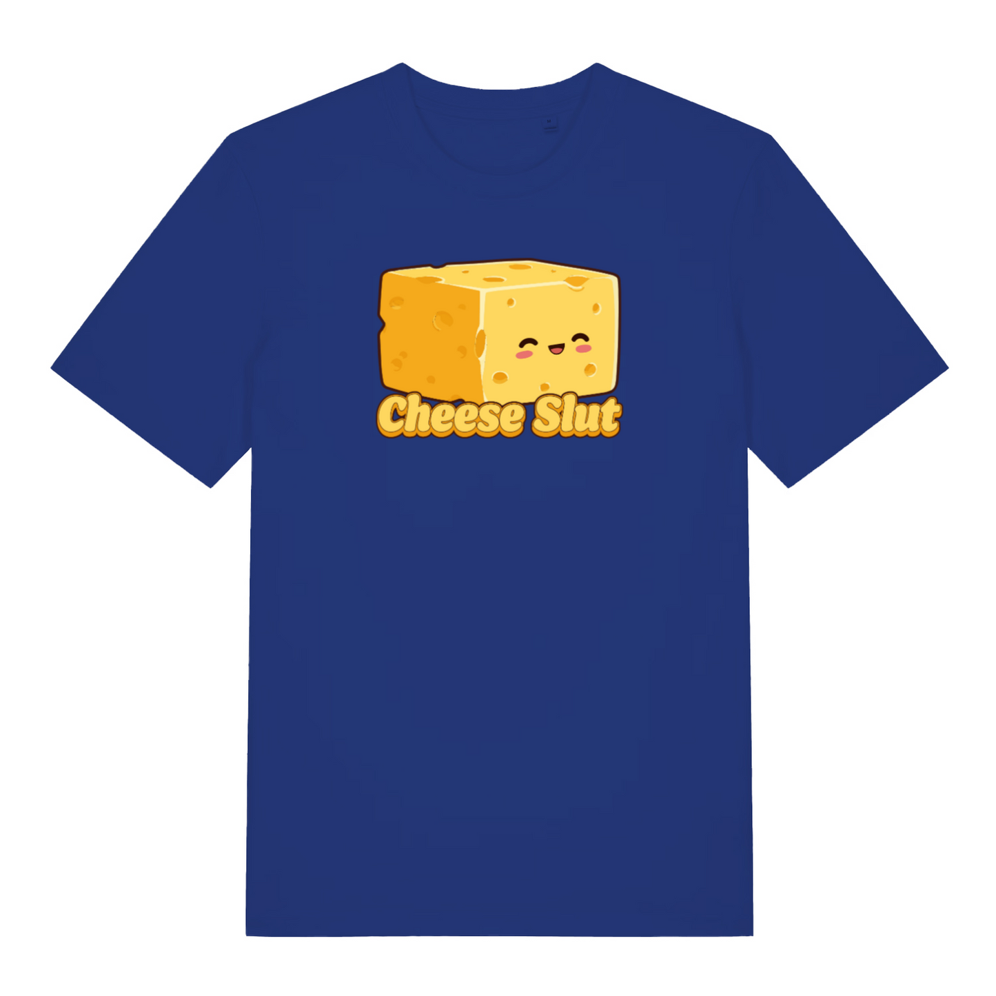 blue funny offensive t-shirt with the graphic of a cheese and the slogan 'cheese slut'