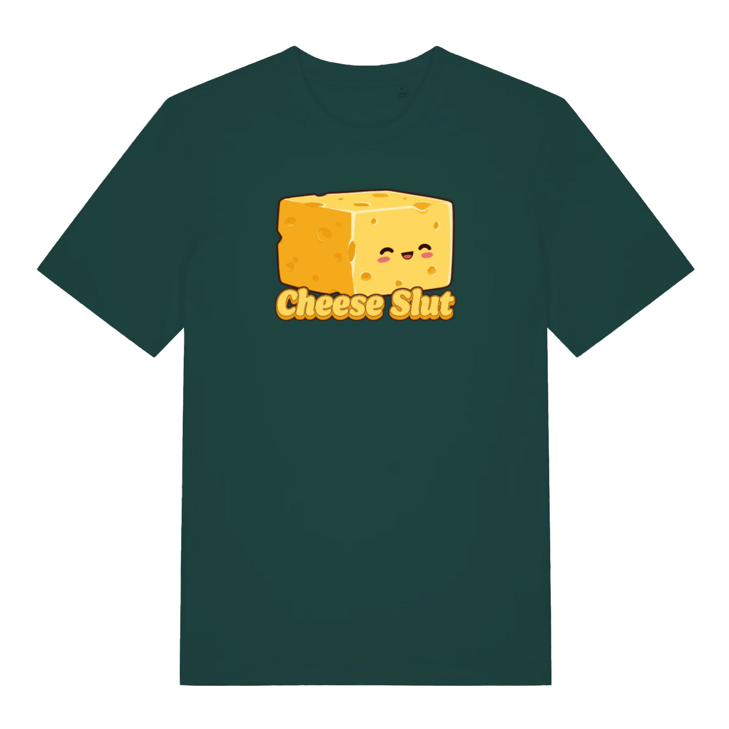 green funny offensive t-shirt with the graphic of a cheese and the slogan 'cheese slut'