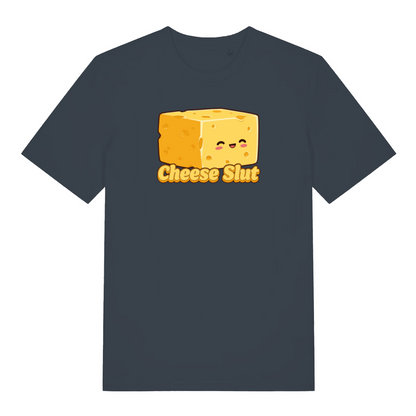 ink grey funny offensive t-shirt with the graphic of a cheese and the slogan 'cheese slut'
