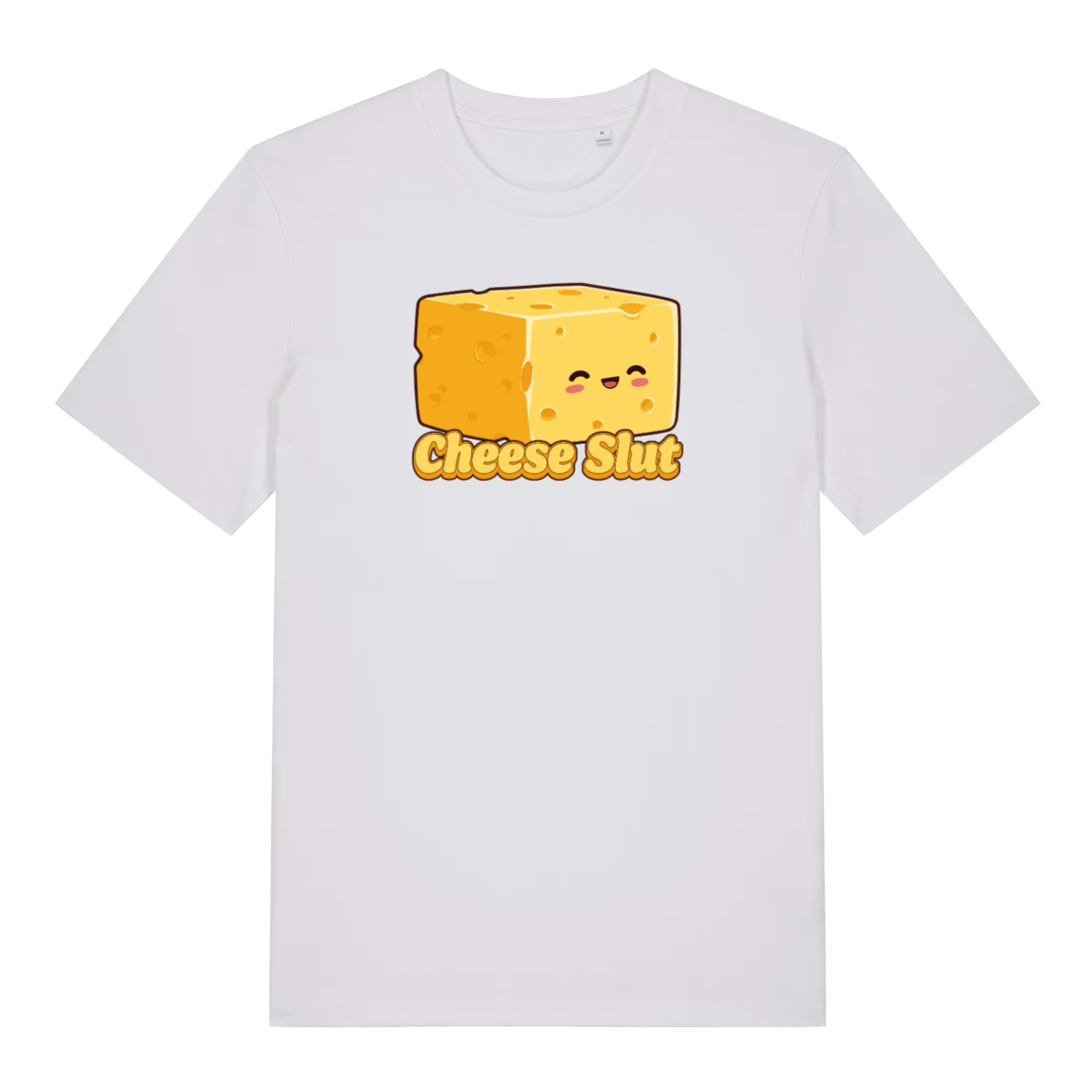 white funny offensive t-shirt with the graphic of a cheese and the slogan 'cheese slut'