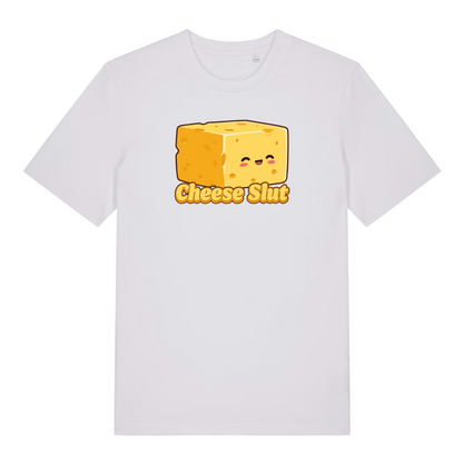 white funny offensive t-shirt with the graphic of a cheese and the slogan 'cheese slut'