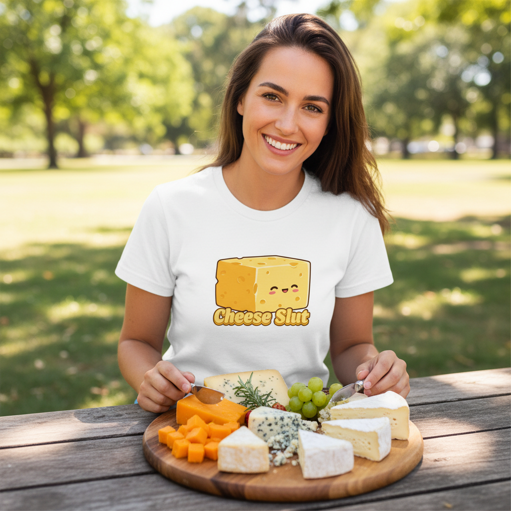 woman wearing a white t-shirt with the graphic of a cheese 