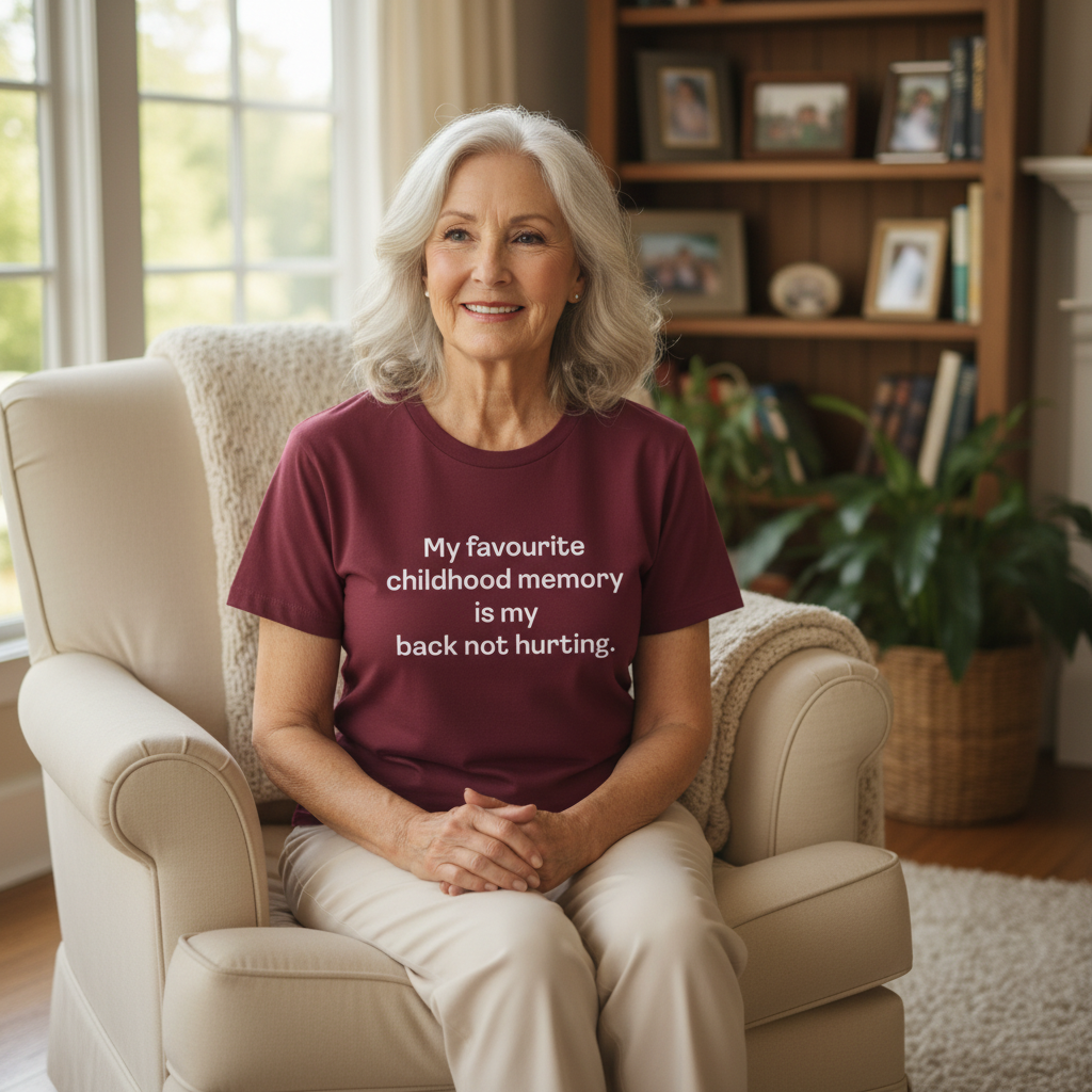 an older woman sat on a comfy chair wearing a slogan t-shirt that reads 'my favourite childhood memory is my back not hurting'