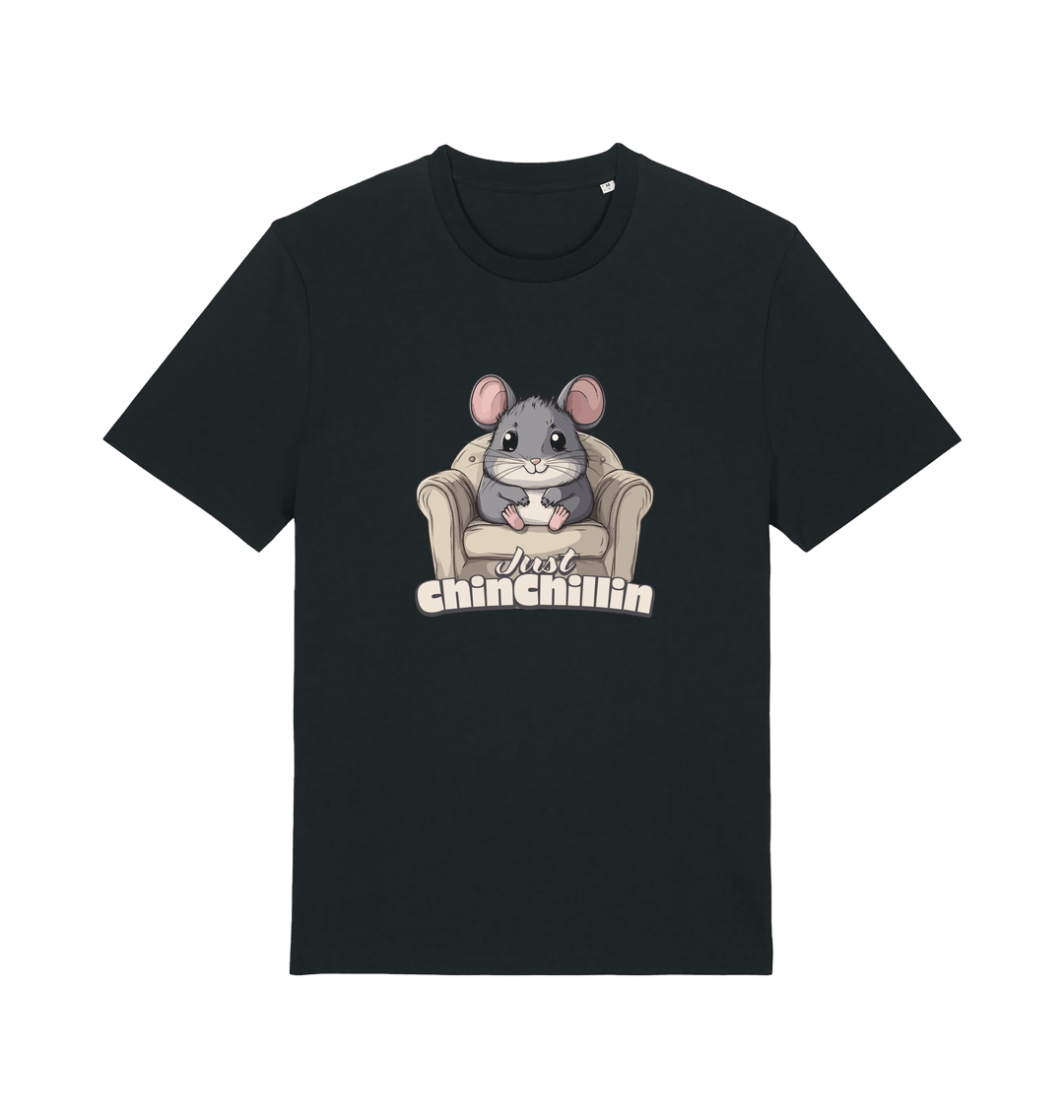 Black animal t-shirt with a graphic of a chinchilla on an armchair and 'Just Chillin' text.