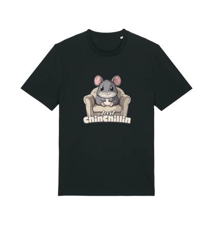 Black animal t-shirt with a graphic of a chinchilla on an armchair and 'Just Chillin' text.