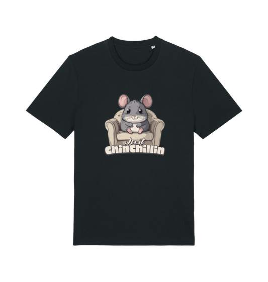 Black animal t-shirt with a graphic of a chinchilla on an armchair and 'Just Chillin' text.