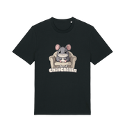 Black animal t-shirt with a graphic of a chinchilla on an armchair and 'Just Chillin' text.