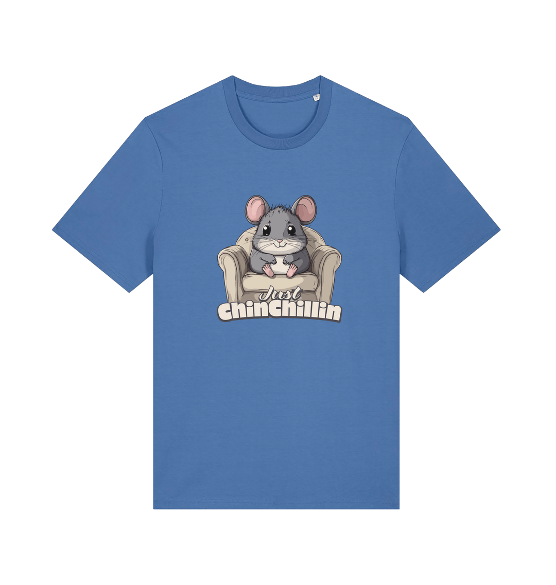 Blue animal t-shirt with a graphic of a chinchilla on an armchair and 'Just Chillin' text.