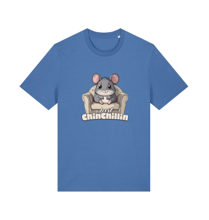 Blue animal t-shirt with a graphic of a chinchilla on an armchair and 'Just Chillin' text.